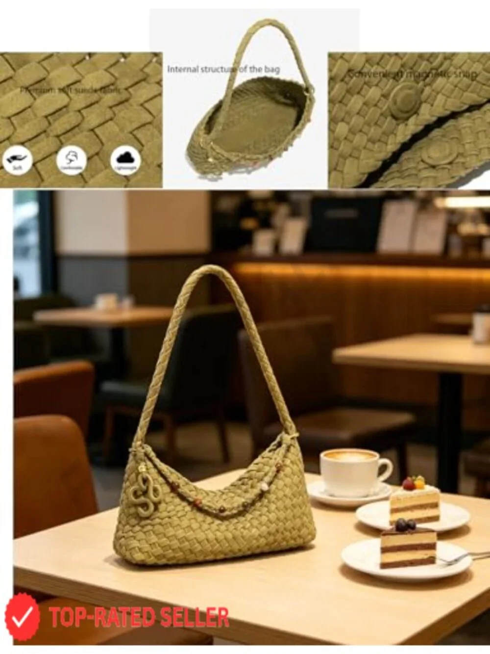Woven Suede Hobo Bag Shoulder Tote Handmade Beaded Purse